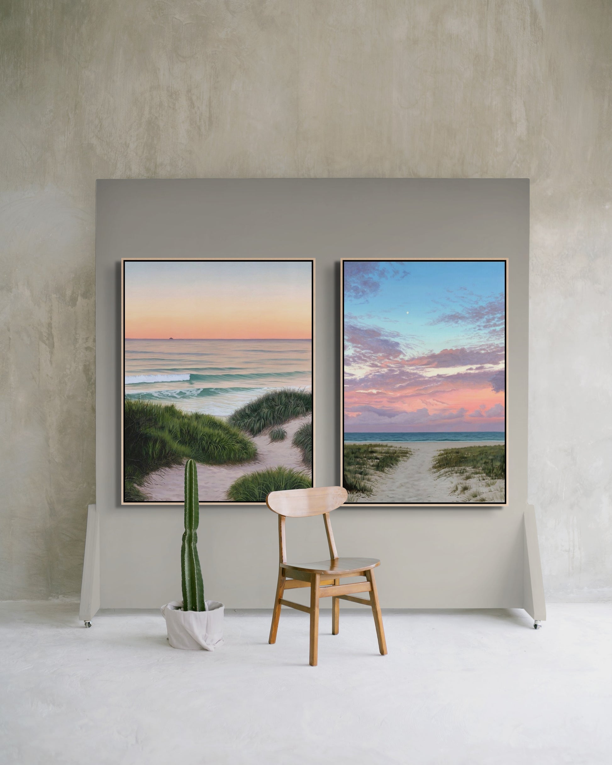 Belongil Beach Byron Bay & Pottsville Beach sunset acrylic paintings transformed as large scale canvas prints framed in Oak