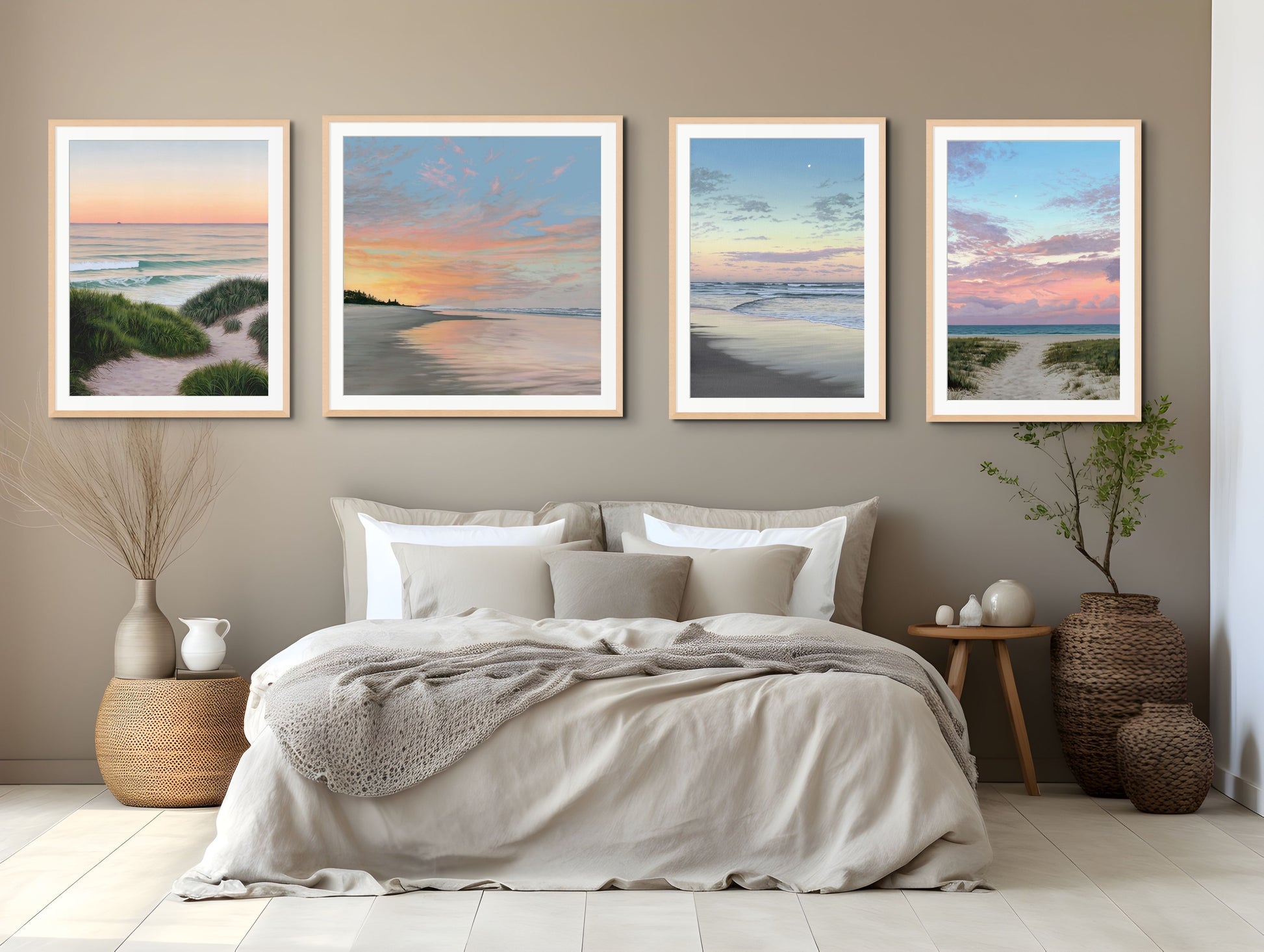 Bedroom with 4 framed prints of complimentary sunset painting created by Sharni Montgomery, featuring the Northern Rivers coastlines.